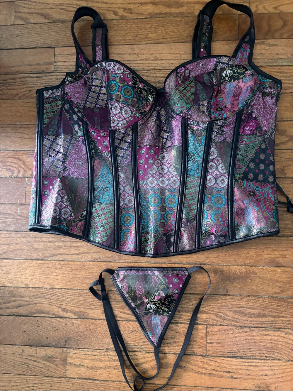 2 pc Purple Patchwork Satin Corset Top with Ribbon Lacing and matching thong